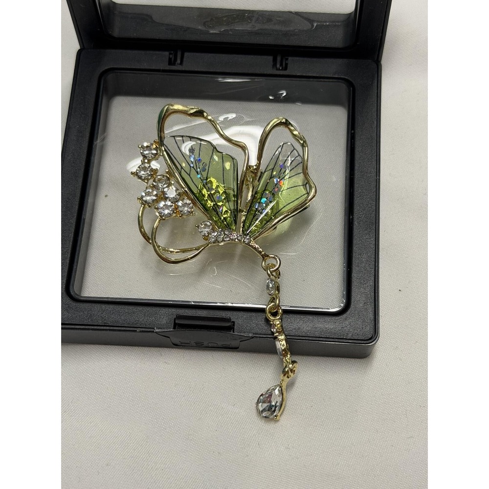 Elegant Butterfly Brooch with Rhinestones and Green Wings
